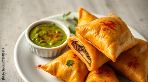 Stuffed samosas with chutney dip served on a plate