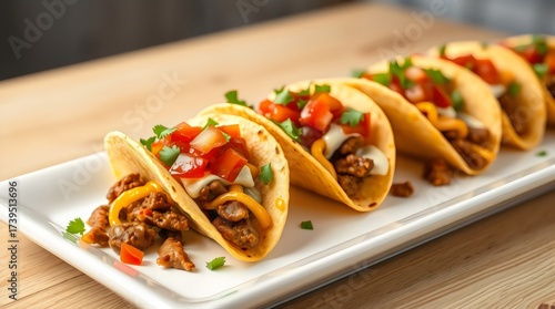 Mini tacos filled with beef, cheese, and salsa on a tray