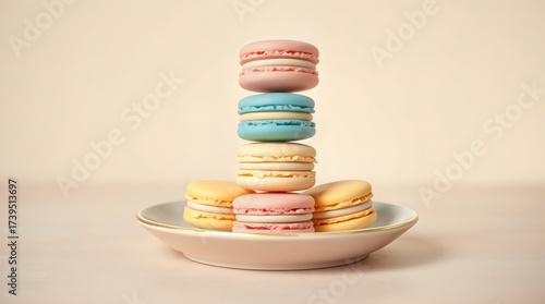 Colorful macarons stacked on a pastel plate