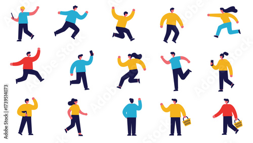 Happy Energetic People Flat Vector Set: Diverse Characters Running, Jumping, Waving, and Shopping with Smartphones