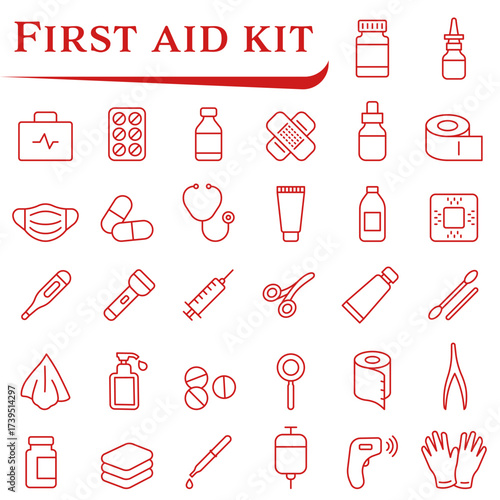 Set of first aid icons, medical instruments, and materials. Icons related to first aid kits and first aid.