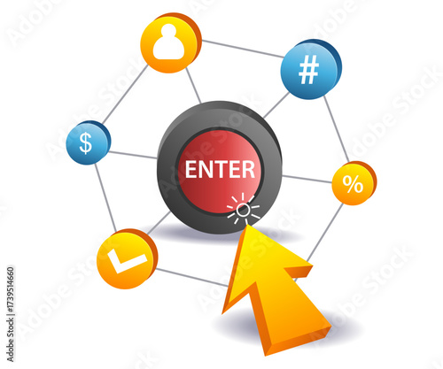 Click enter button with floating business symbol illustration