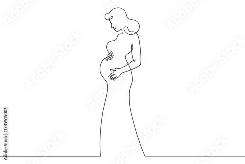 Continuous one line drawing  pregnant woman on a walk. Pregnant woman in late pregnancy,full-length. Motherhood. Line art.One continuous line isolated illustration.Not AI.