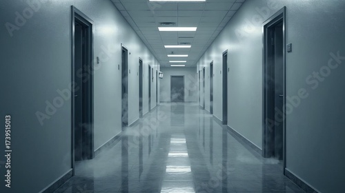 Hallway with doors ajar, faint smoke creeping out under the frames