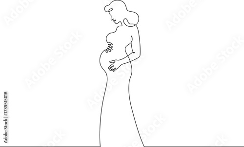 Continuous one line drawing  pregnant woman on a walk. Pregnant woman in late pregnancy,full-length. Motherhood. Line art.One continuous line isolated illustration.Not AI.