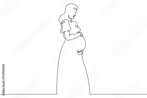 Continuous one line drawing  pregnant woman on a walk. Pregnant woman in late pregnancy,full-length. Motherhood. Line art.One continuous line isolated illustration.Not AI.