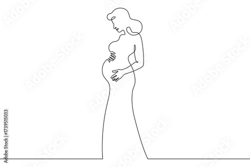 Continuous one line drawing  pregnant woman on a walk. Pregnant woman in late pregnancy,full-length. Motherhood. Line art.One continuous line isolated illustration.Not AI.