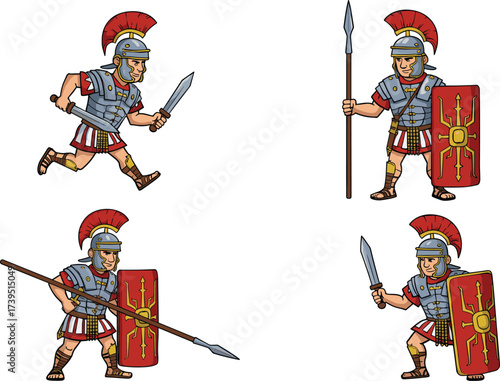 Roman soldier illustration, ancient warrior character, historical military costume, legionary with shield and sword, spear fighter, battle stance, classical armor, educational, vector art, isolated