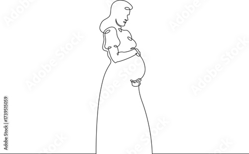 Continuous one line drawing  pregnant woman on a walk. Pregnant woman in late pregnancy,full-length. Motherhood. Line art.One continuous line isolated illustration.Not AI.