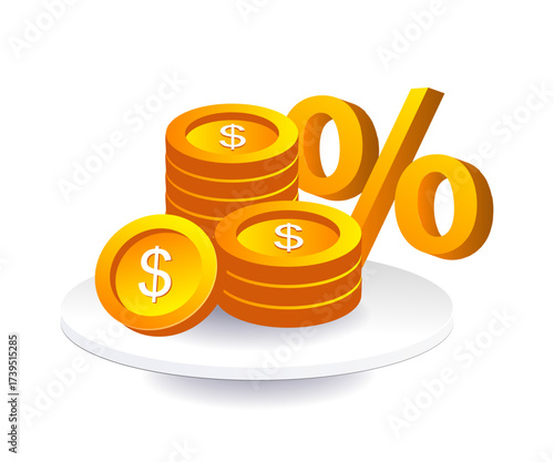 Coin with percent symbol representing finance, discount, and investment growth
