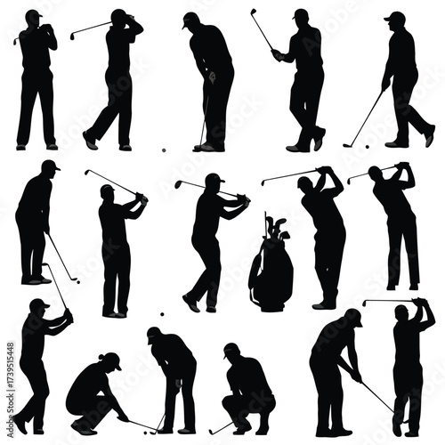 Vector illustration of dynamic silhouettes of golfers in various action poses, including swinging, putting, and preparing to hit