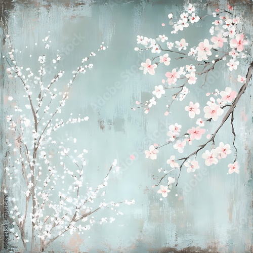 Elegant Pastel Pink White Cherry Blossom Branches on Teal Background
