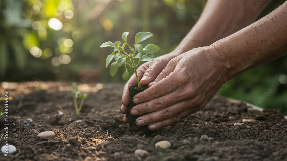Fototapeta premium Person Planting a Small Green Sapling in Soil