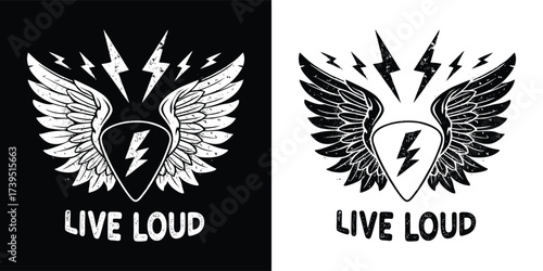 Guitar pick with wings and lightning bolts, text live loud, isolated on white background