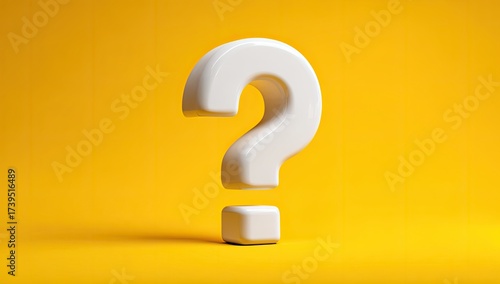 Glossy white question mark floats against vibrant yellow background in a clean studio setting