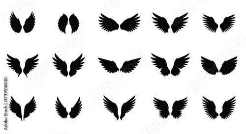 Vector illustration of set of black silhouette angel wings in various styles and sizes