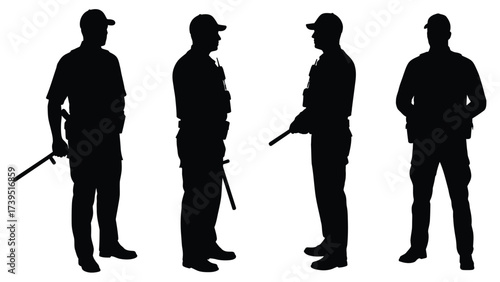 Security Officers Silhouettes with Batons Isolated on White Background