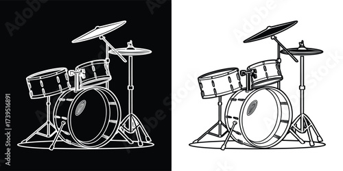 Illustration of a drum kit, including snare drum, bass drum, tomtoms, cymbals, and drumsticks, isolated on white background, perfect for music or performance themes