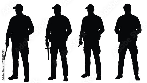 Police Officers Silhouettes Collection with Batons on White Background