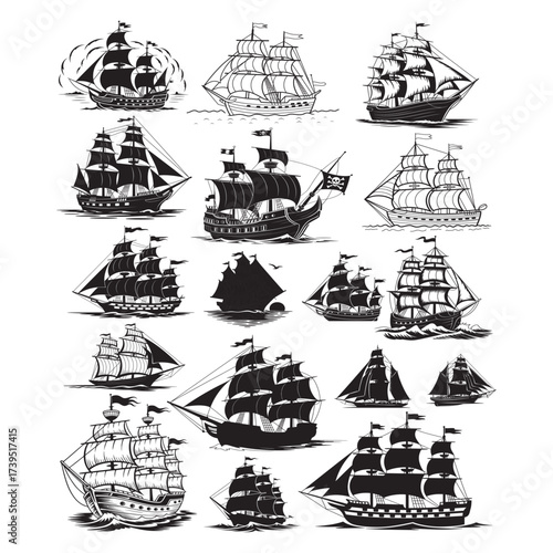 Collection of stylized pirate ships and sailing vessels