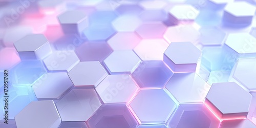 An abstract digital artwork featuring a field of white, hexagonal shapes with glowing edges and colorful light
