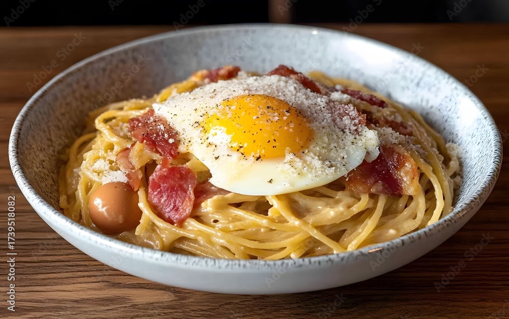 Fototapeta premium Delicious spaghetti carbonara topped with fried egg and bacon served in bowl