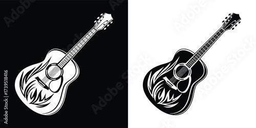 Acoustic guitar with flames illustration, presented in a split black and white design, symbolizing passion and musical expression