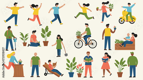 Diverse People Enjoying Daily Activities, Nature, And Leisure Hobbies In Flat Design