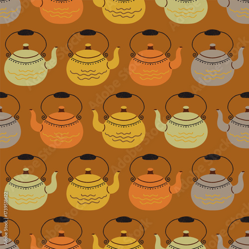 Autumn Kettles Lining Up Vector Seamless Pattern