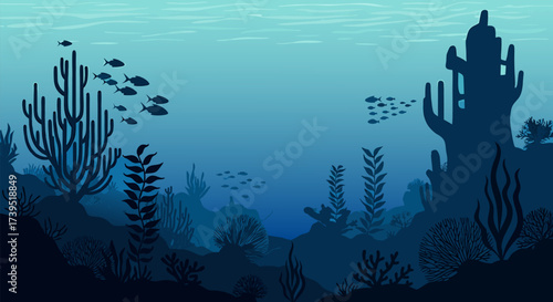 Tranquil underwater landscape illustration showcasing diverse marine flora and fauna in deep blue ocean depths