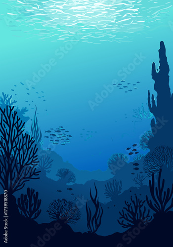 Deep blue ocean ecosystem with vibrant coral reefs and schooling fish, illuminated by dappled sunlight filtering from the surface, showcasing rich marine life