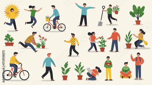 Joyful Daily Life Activities: People Engaging in Nature, Wellness, and Leisure