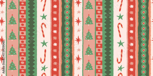 Vector Christmas and New Year seamless pattern, abstract hand-drawn whimsical background for greeting cards, wrapping paper, banners, striped, plaid, and checkered designs – festive, party textures