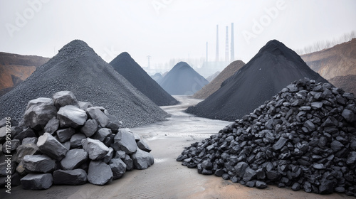 Concept photograph of black coal piled high in symmetrical shapes for stock distribution