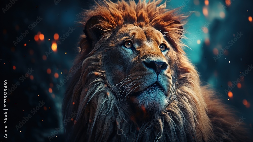 Naklejka premium Majestic Portrait of a Fierce Male Lion with a Golden Mane Gazing Upd in a Dark, Atmospheric Setting