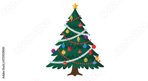 Decorated Christmas Tree with Ornaments and Star Topper.