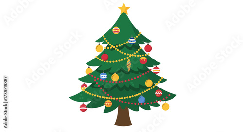 Decorated Christmas Tree with Colorful Ornaments and Star Topper.