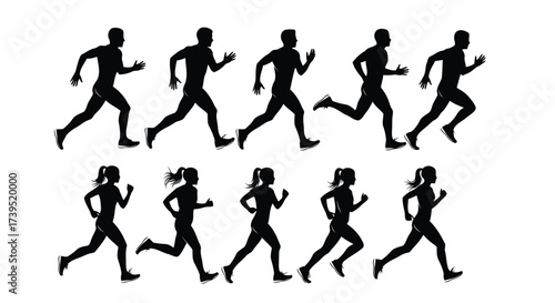 Vector illustration of silhouettes of male and female runners in motion