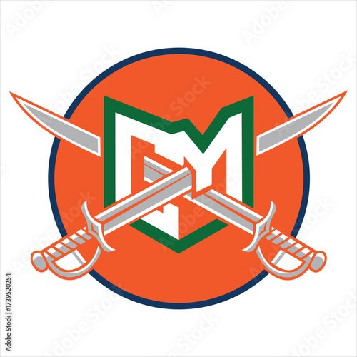 Orange circle logo with crossed sabers and a green emblem with letters g and m
