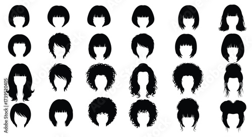 Vector illustration of variety of black silhouette hairstyles for women, including bobs, bangs, curly, and updos