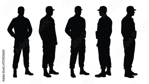 Five Male Security or Military Personnel Silhouettes Standing on White Background