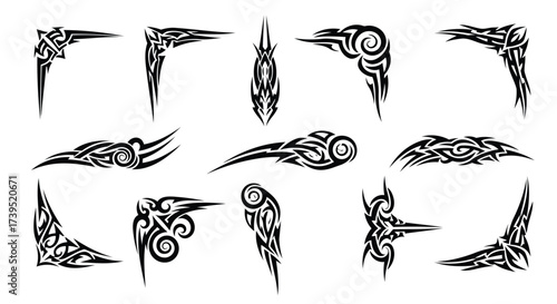 Vector illustration of set of tribal tattoo design elements and corner ornaments