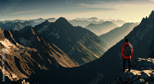 Adventurous Hiker Standing on Mountain Peak Observing Snowy Landscape.