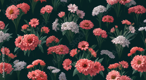 Artistic Floral Pattern Featuring Pink White and Red Flowers on Dark Background.