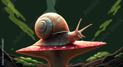 Artistic Illustration of a Snail on a Red and White Mushroom.