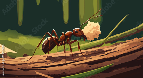 Brown Ant Carrying Food on a Branch Vector Illustration.