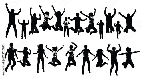 Vector illustration of group of diverse people jumping joyfully in the air