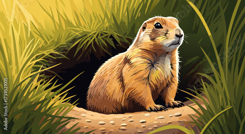 Cartoon Groundhog Emerging from Burrow Looking Upward Vector Illustration.
