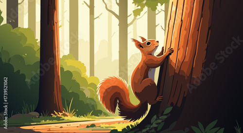 Cartoon Squirrel Climbing a Tree with Fluffy Tail and Brown Fur.