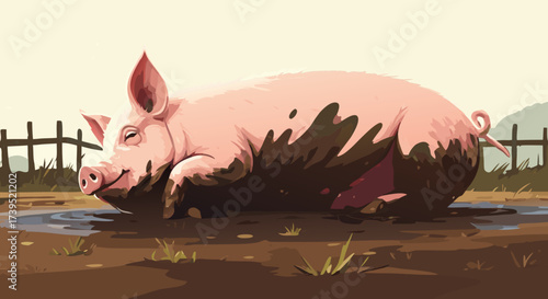 Contented Pig Relaxing in Muddy Water Smiling with Joy.